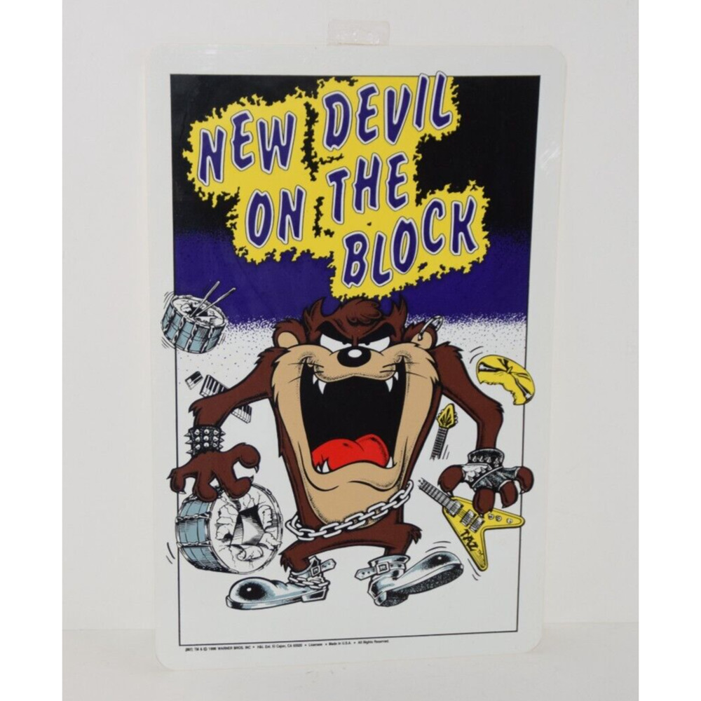 Vintage 1990 Tazmanian Taz NEW DEVIL ON THE BLOCK Sign 11x17" Warner Brothers